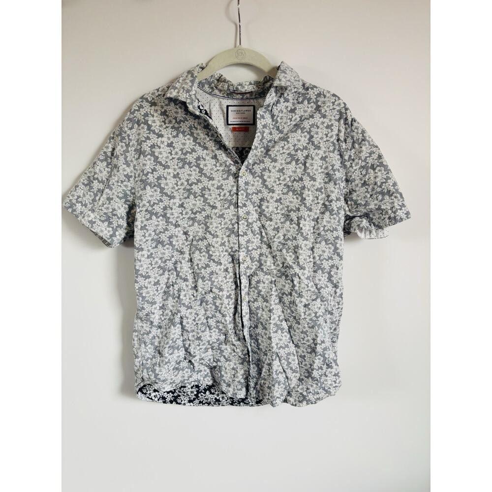 Mens‎ Denim & Flower Floral Blue Wash SS Shirt-Contrasting Piping-M-Slim Fit